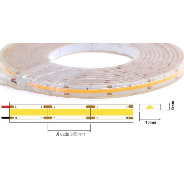 Tira LED 230V monocolor 16W/mt COB IP67 10x4mm corte cada 100mm, Venta por metros, desde 17,20€/mt